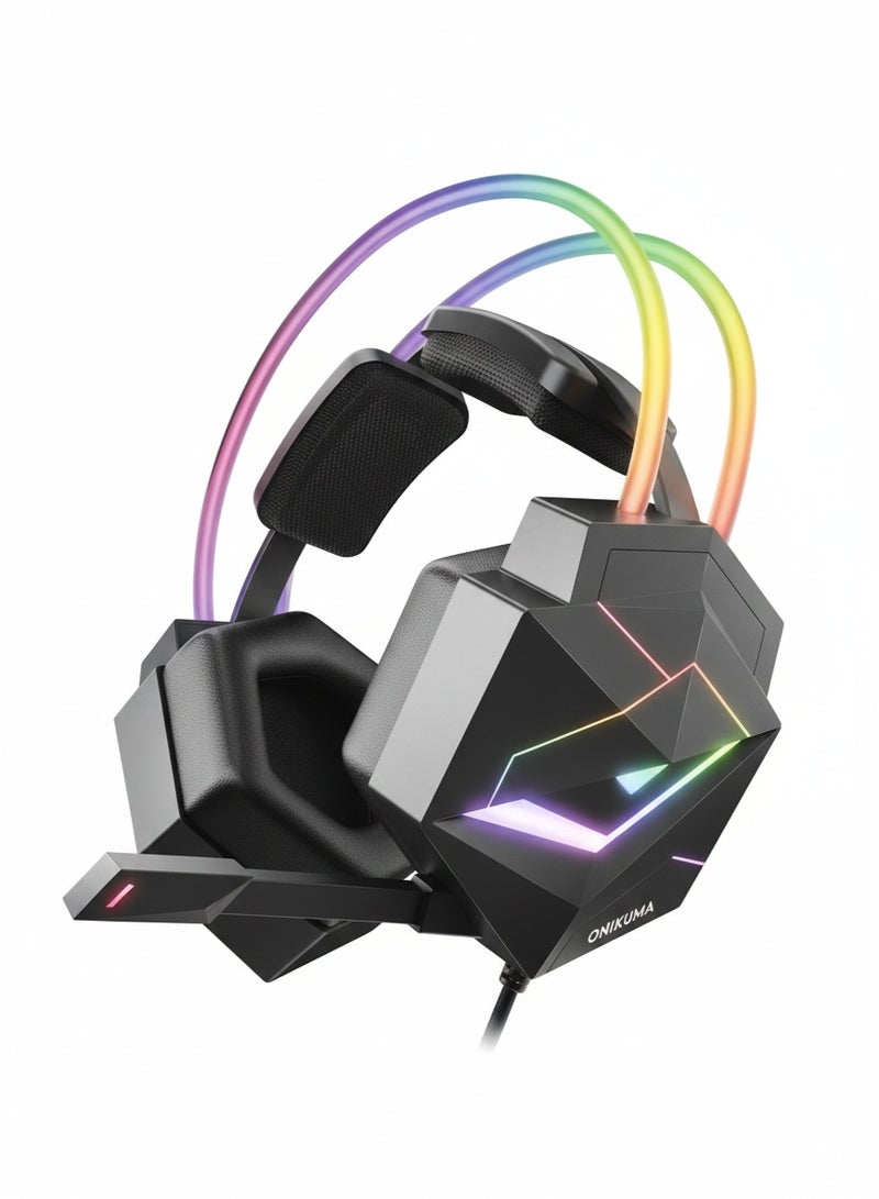 onikuma X20 Wired Professional Gaming Headset with Noise Cancelling Microphone, 7.1 Surround Sound , RGB Lighting, 50mm Precision Drivers, 3.5mm connection , Stereo Surround Sound, Comfortable Over-Ear Design for PC and Laptops (Black) - Image 1